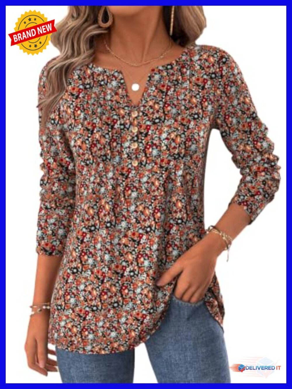 Boho Floral Long Sleeve Tunic V-Neck Blouse Women's Flowy Top